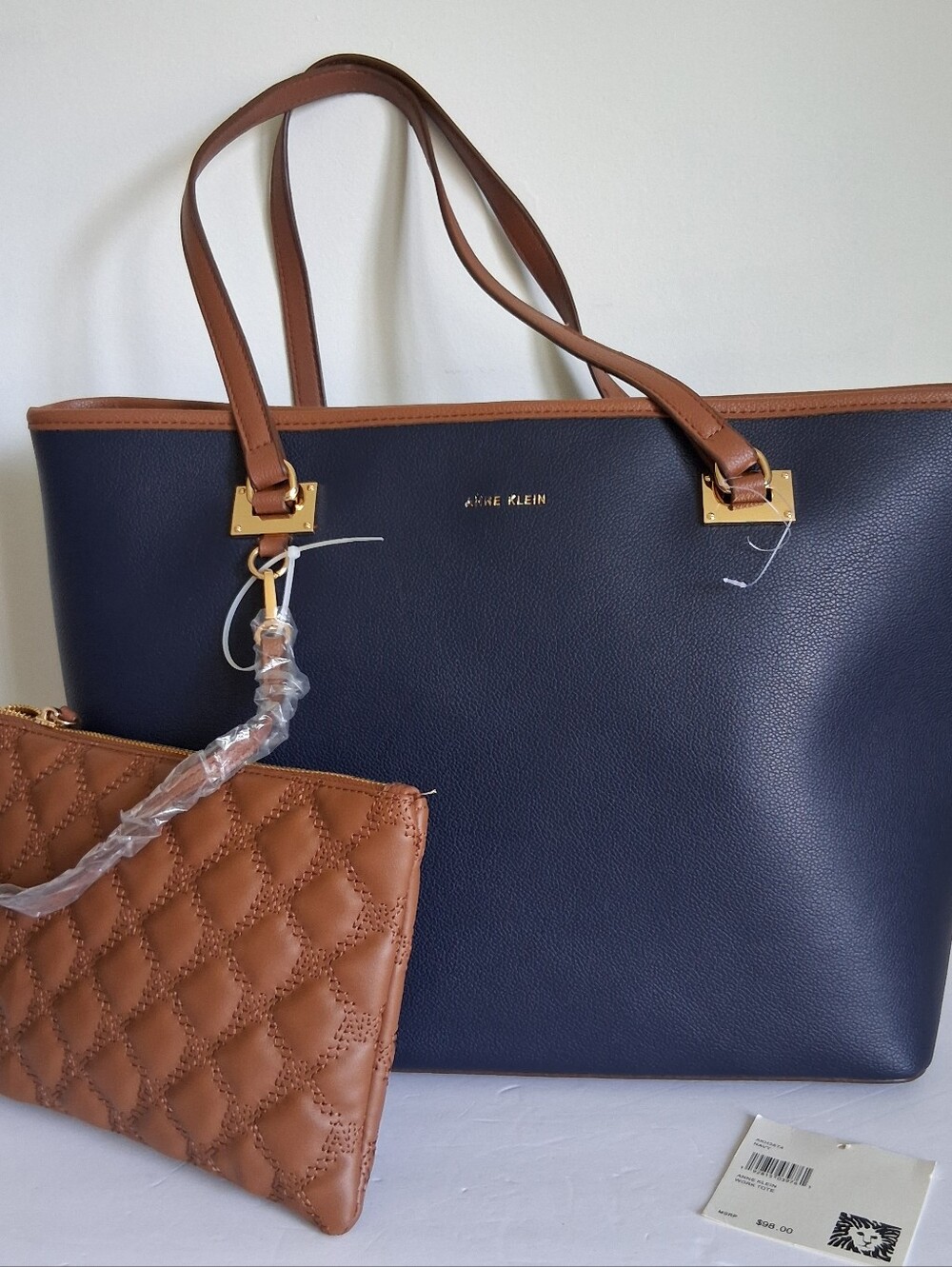 Anne Klein Navy and Brown Two-Tone Tote with Quilted Brown Pouch Large Work Flaw